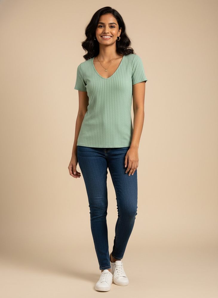 Light Green Ribbed V-Neck Top