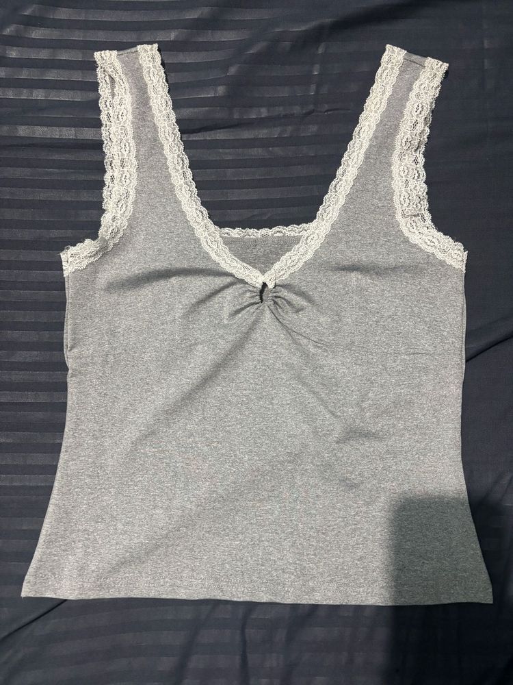 Savana Grey Lace Trim V-Neck Tank Top