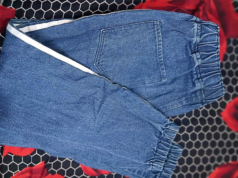 Blue Denim Jogger Pants with Side Stripe