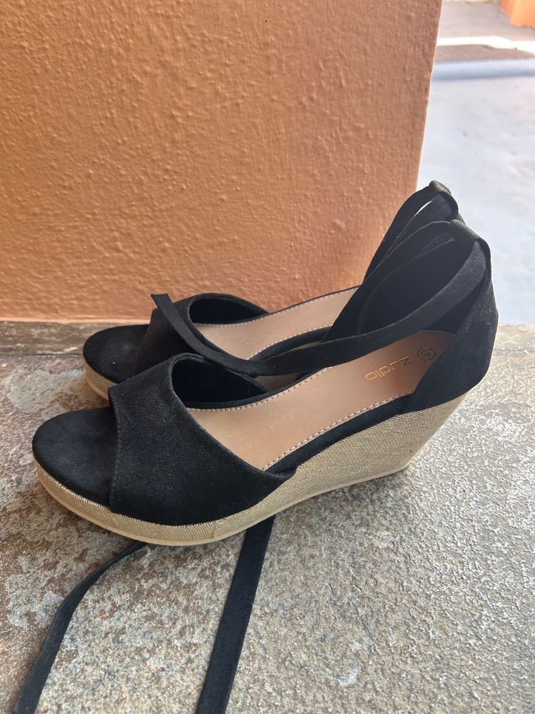 Black Suede Espadrille Wedge Sandals