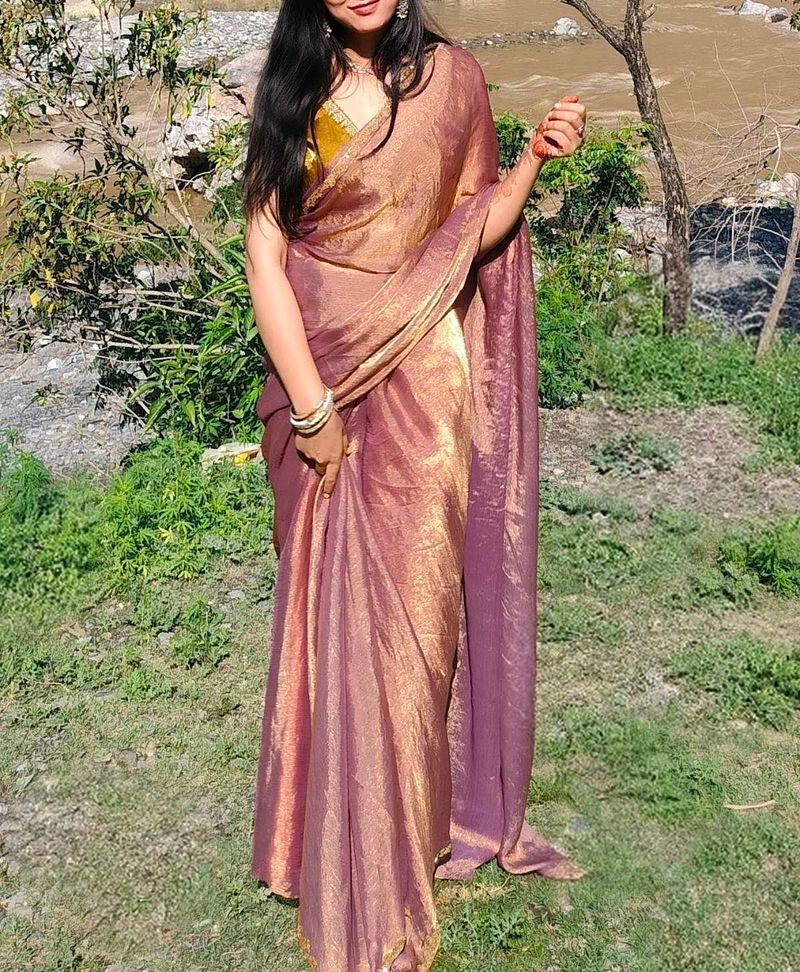 Elegant Purple &amp; Gold Saree with stitched blouse