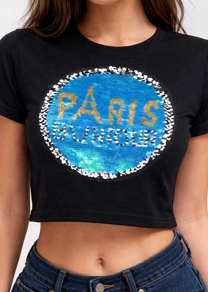 Paris reversible Sequins Crop T-Shirt black top