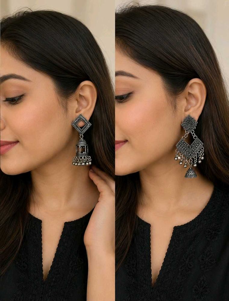 oxidised Jhumka Earrings Set of 2