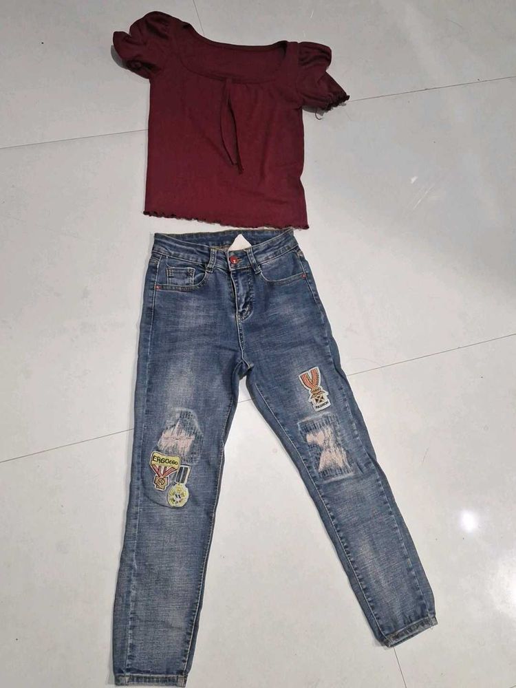 Maroon Puff Sleeve Top with Patched Jeans