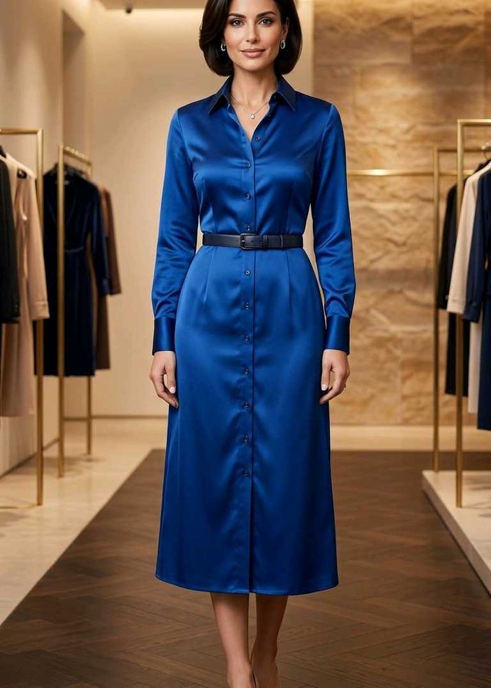 Elegant Royal Blue Satin Shirt Dress