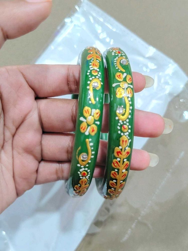 Green Hand-Painted Pure Lac Bangles