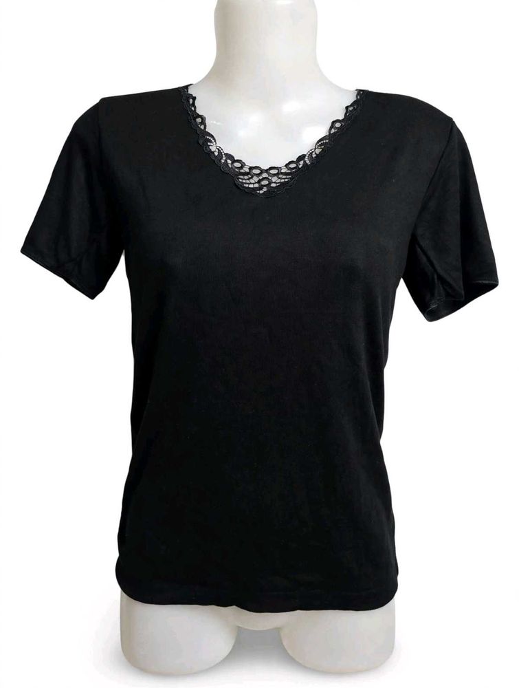 Classic Black Lace Trim V-Neck Tee