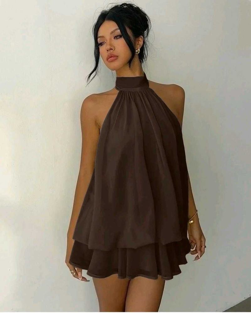 Littlebox brown chic halter neck tiered mini dress