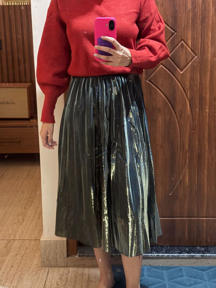 Metallic Pleated Midi Skirt