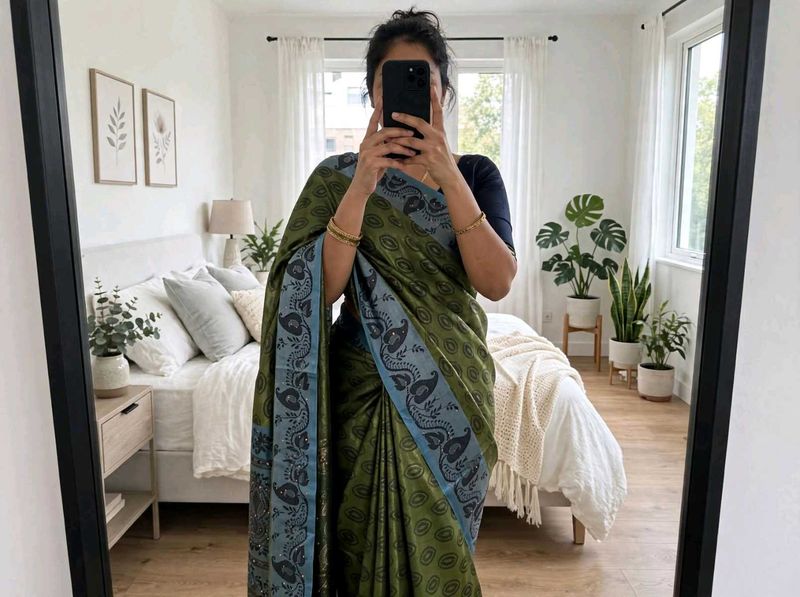 Elegant Green &amp; Blue Paisley Saree