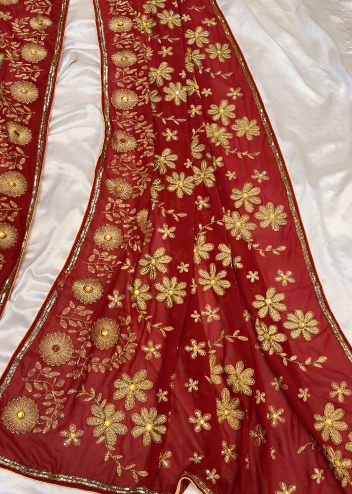 Embroidered Red saree with  Floral Work