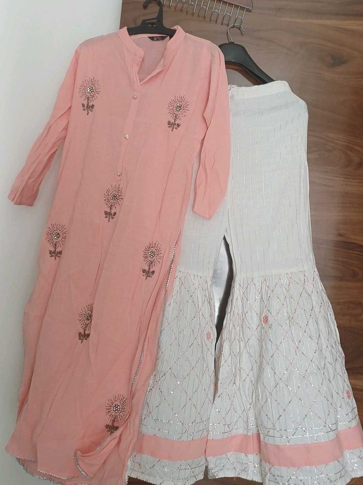 Peach Kurta with White Sharara Set