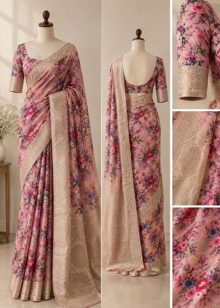 Zari Brocade Floral Print Saree