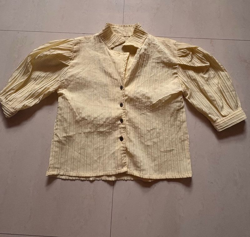 Korean Chic Yellow Striped Puff Sleeve Blouse
