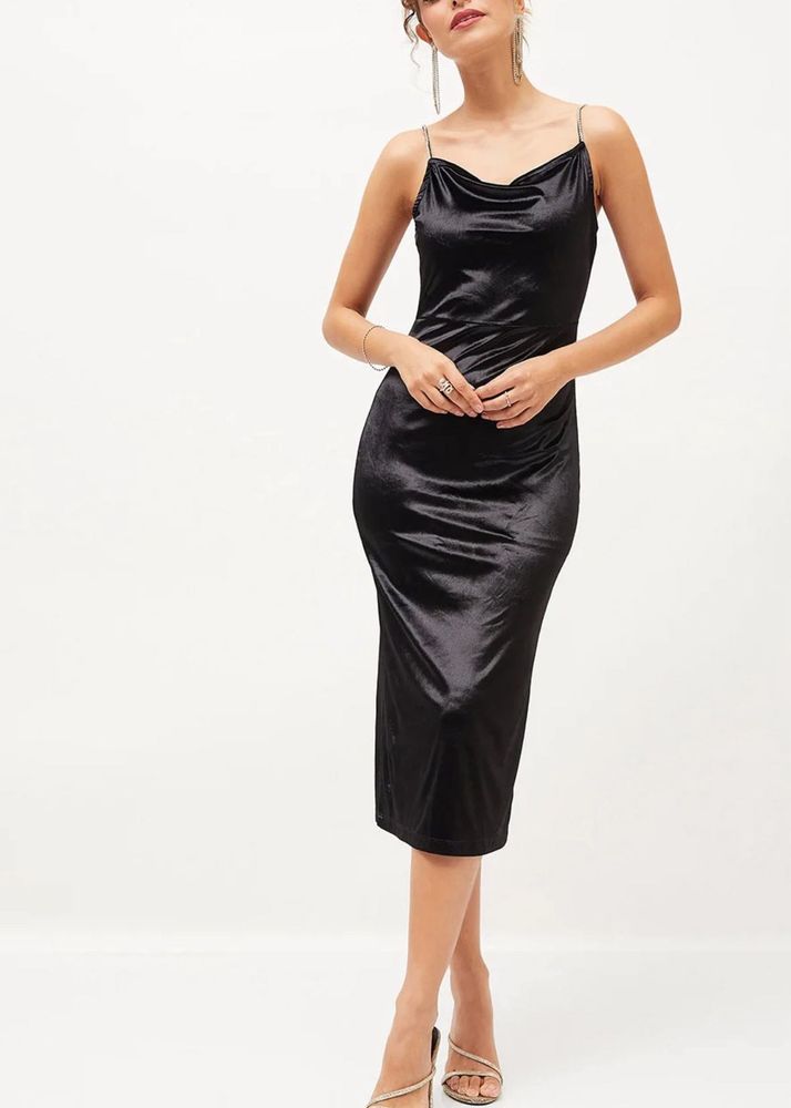 Elegant Black Satin Midi Dress