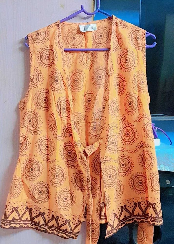 Orange Ethnic Sleeveless Jacket