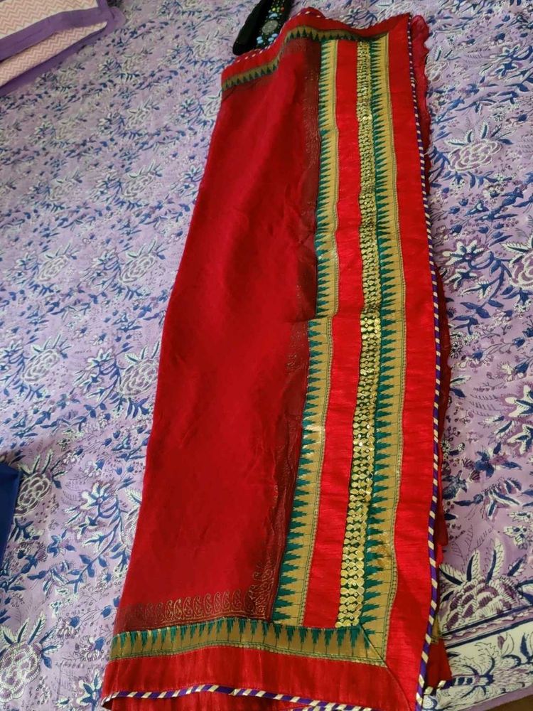 Vibrant Red Saree with Golden Border