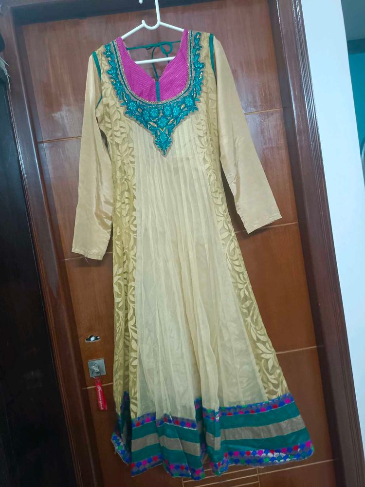 Elegant Embroidered biege golden Anarkali Kurta