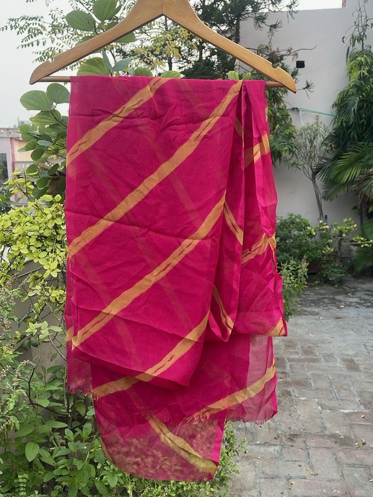Vibrant Pink Saree with Golden Stripes