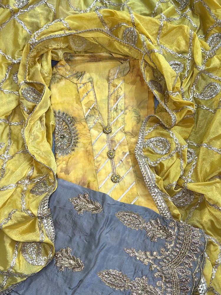 festive silk kurta set in mustard and grey