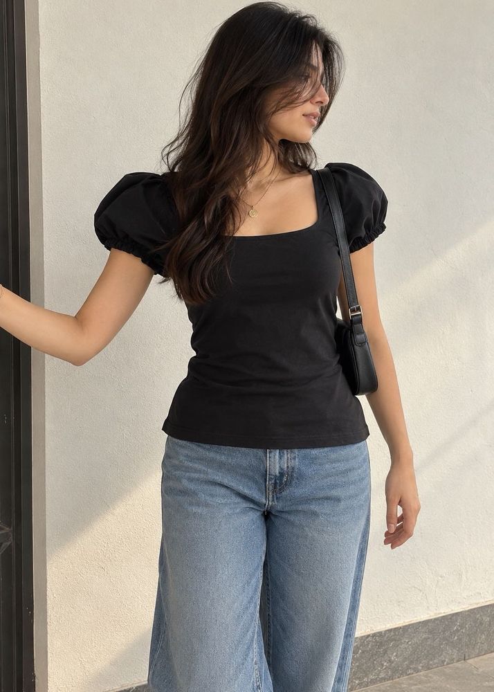 H&amp;M Black Puff Sleeve Square Neck Top