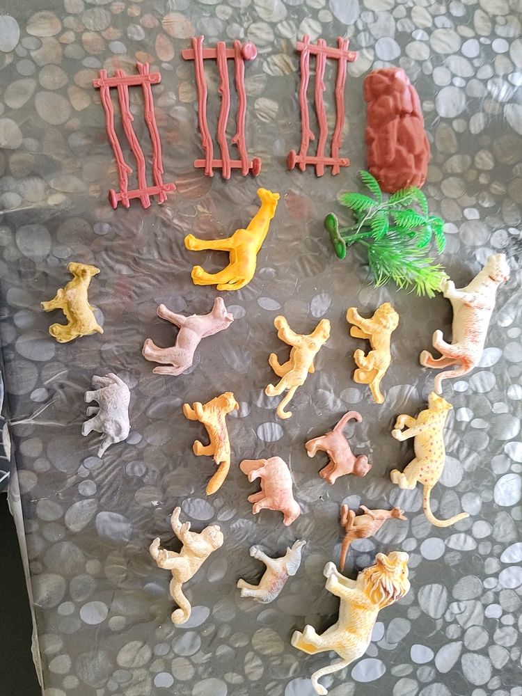 Animals Set With Fence Trees And Rocks