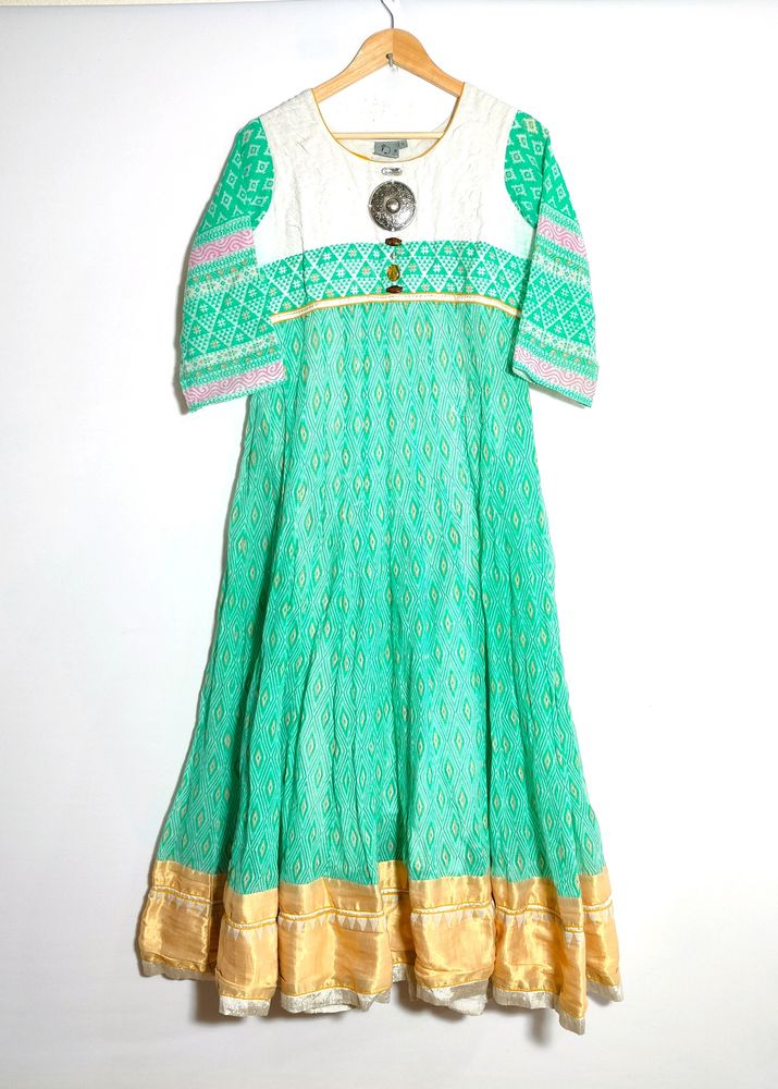 ZURII Light Green And White Anarkali (Women's)