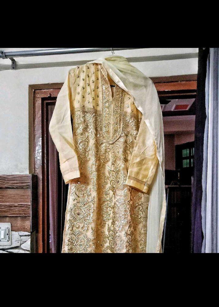 heavy real mirror &amp; zari work tissue kurta set