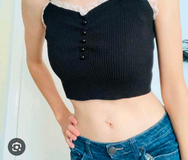 Ribbed Lace Trim Crop Top