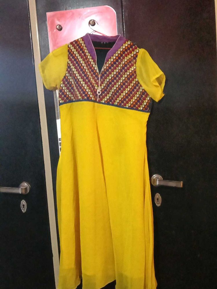 Bright Yellow Kurta with Unique Yoke Design