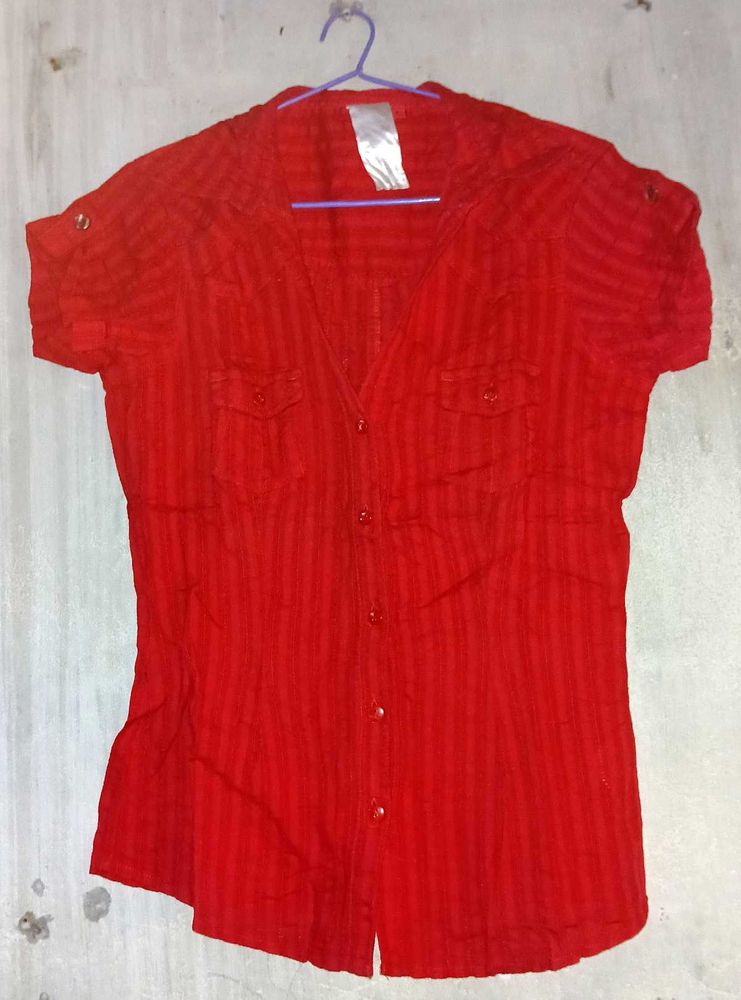 Red Striped Button-Up Shirt