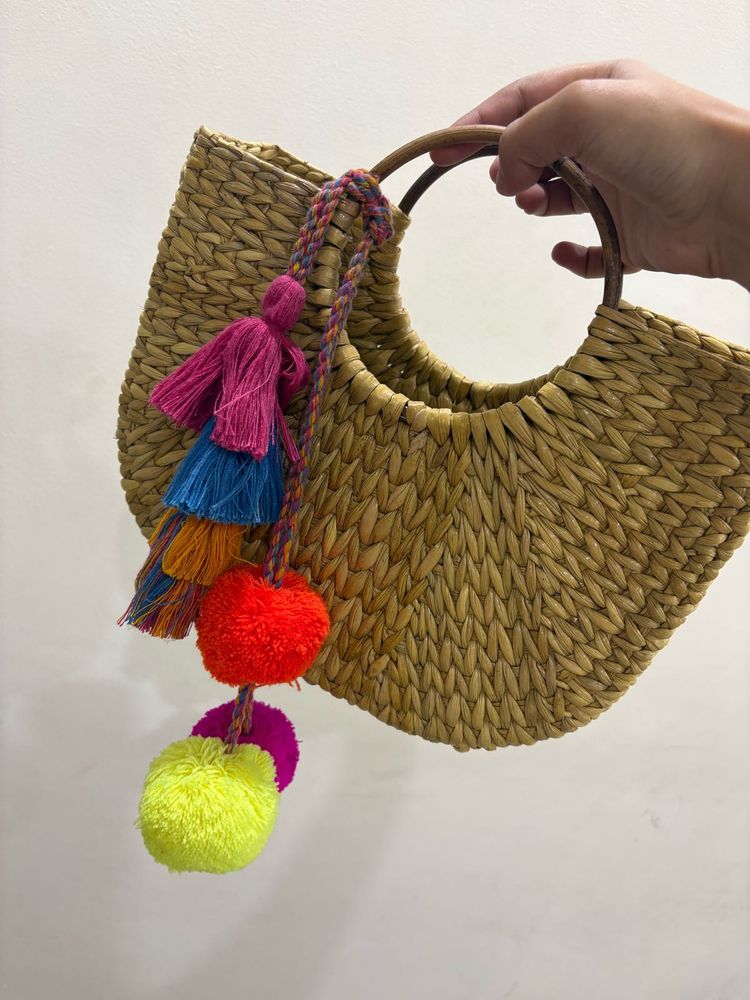 Straw Tote Bag with Pom Poms