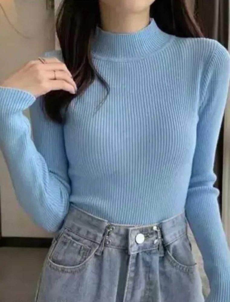 Light Blue Ribbed turtleneck Top