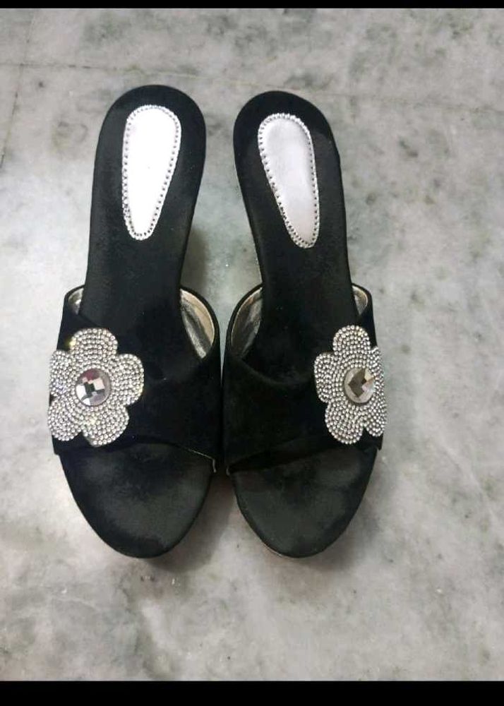 Black Flower Wedges Heels Good Condition