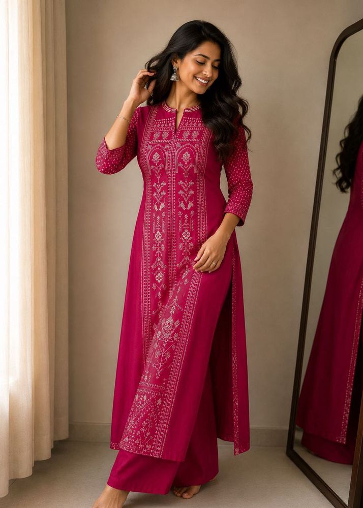 Vibrant Pink Kurta with Gold Print