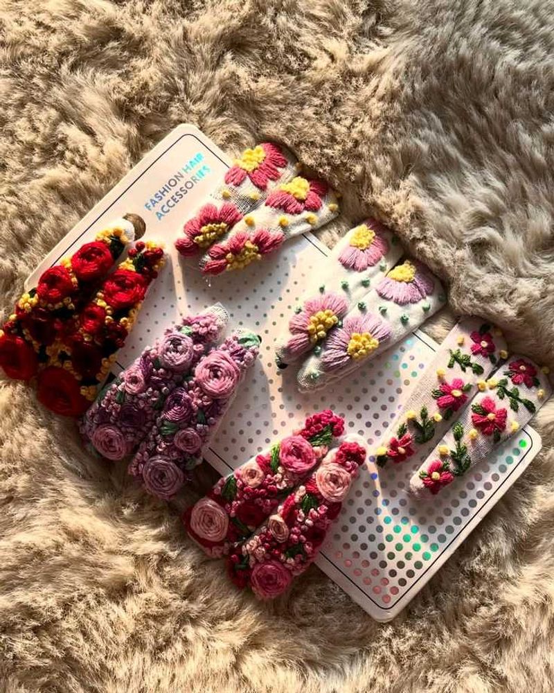 Floral Embroidered Hair Clips Set Of 6