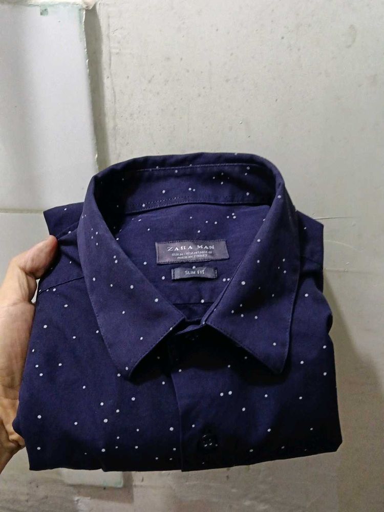 Zara Man Navy Polka Dot Slim Fit Shirt