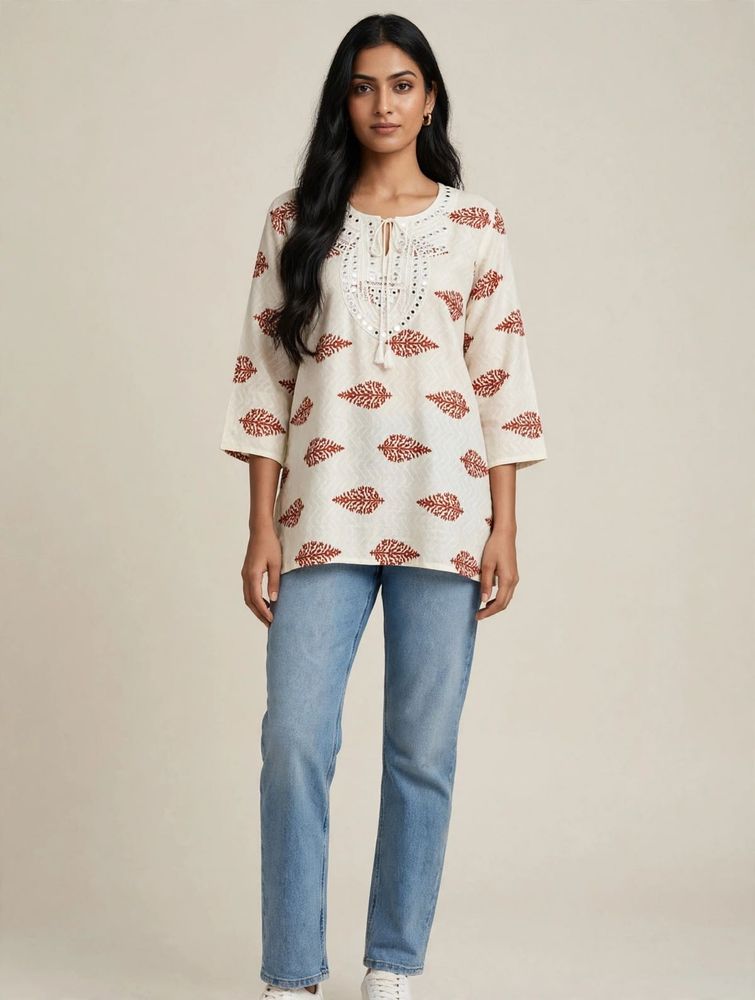 ❤️✨ CREAM PRINTED SHORT KURTI WITH SEQUIN NECKLINE
