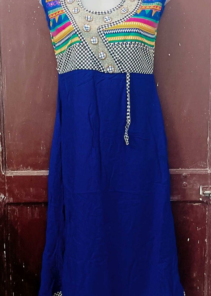 Vibrant Blue Kurta with Printed Yoke