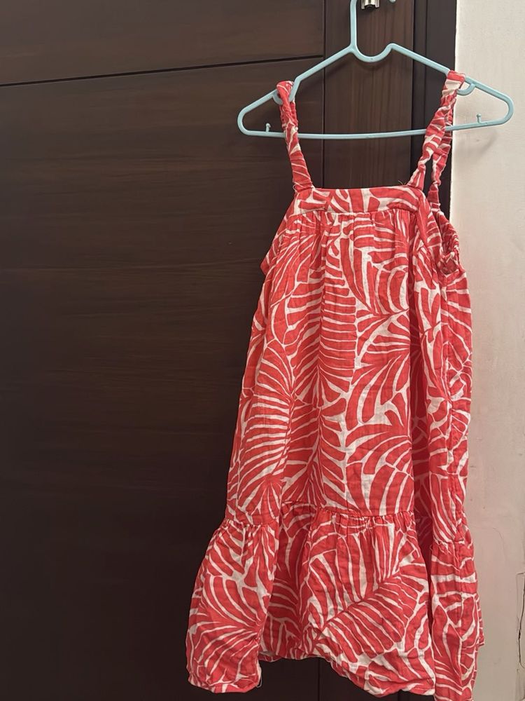 Coral Leaf Print Tiered Midi Dress