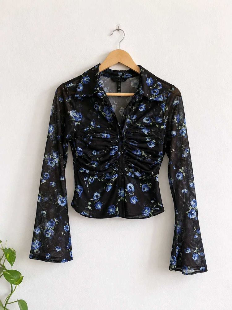 Sheer Floral Ruched Button-Up Top