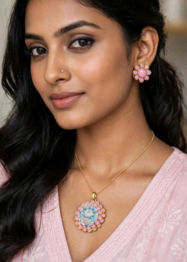 Pink Flower Pendant  &amp; Earrings Set