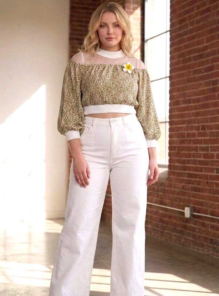 🌸 Cute Floral Puff Sleeve Crop Top | Trendy Mesh
