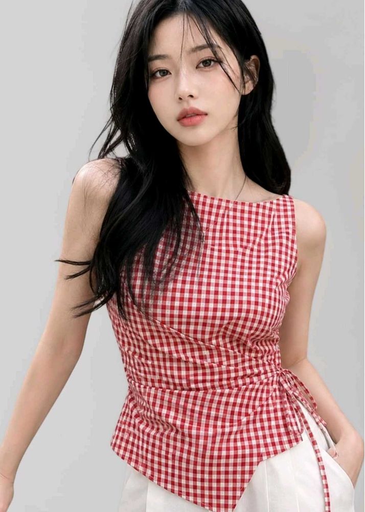 Red Gingham Wrap Top