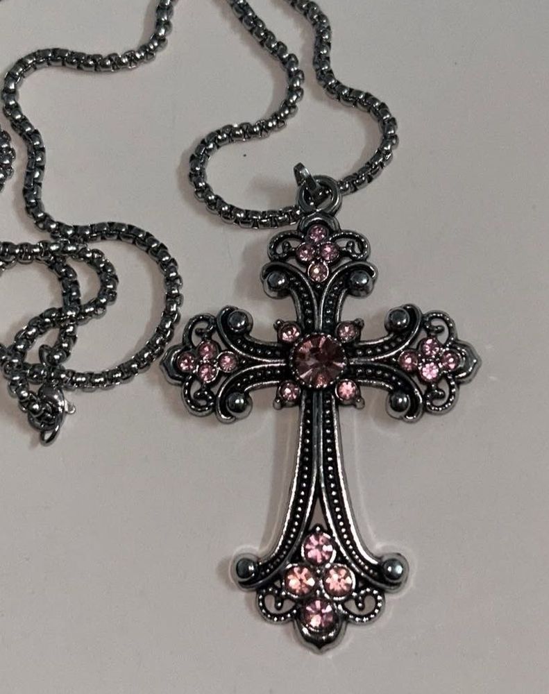 Elegant Cross Necklace with Pink Gems