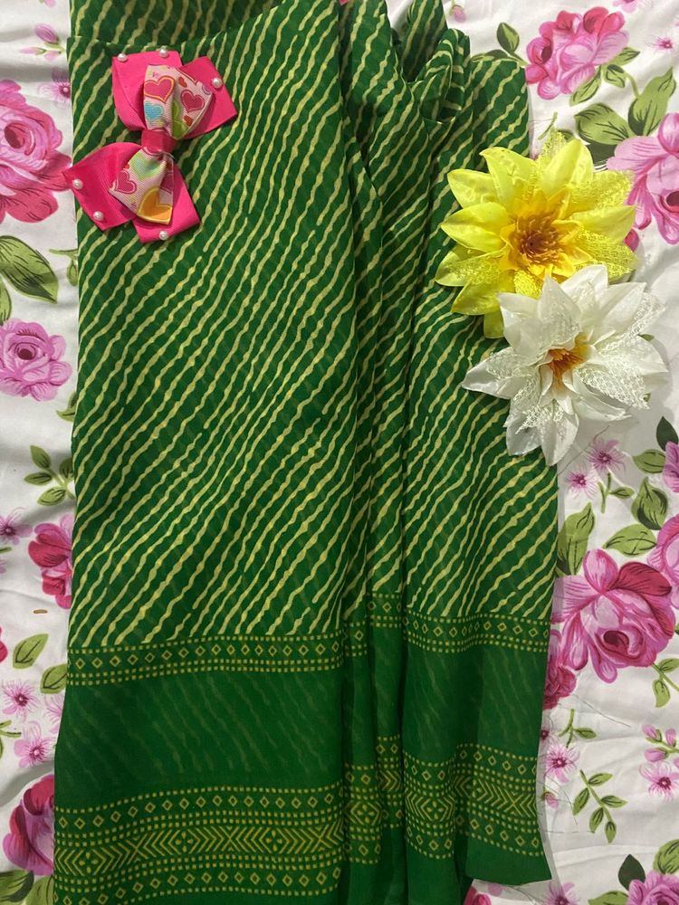 Green &amp; Yellow Leheriya Saree