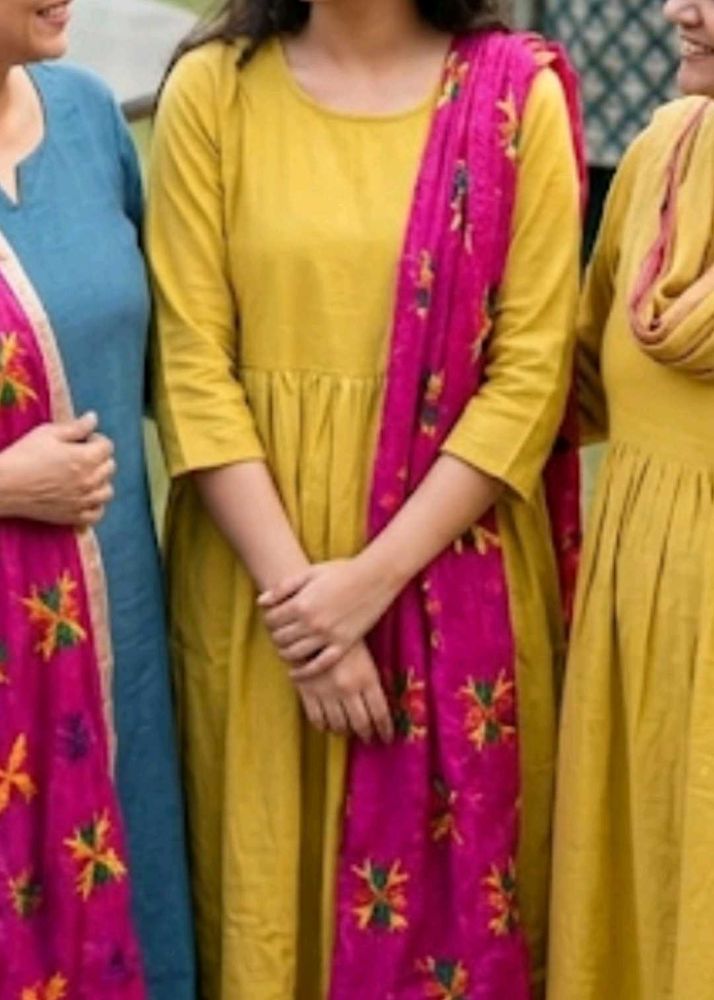 Yellow Kurta with Pink Phulkari Dupatta no lower