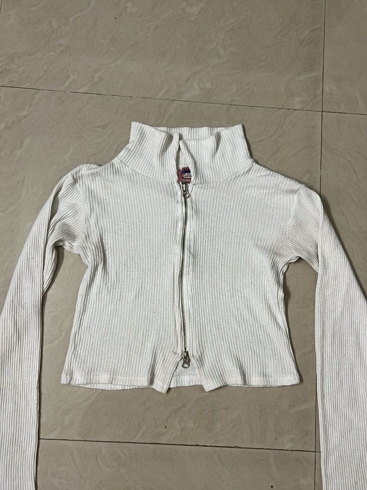 White Ribbed Zip-Up Mock Neck Top
