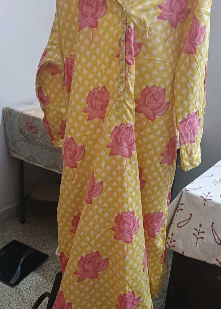 Yellow Kurta with Pink Lotus Print