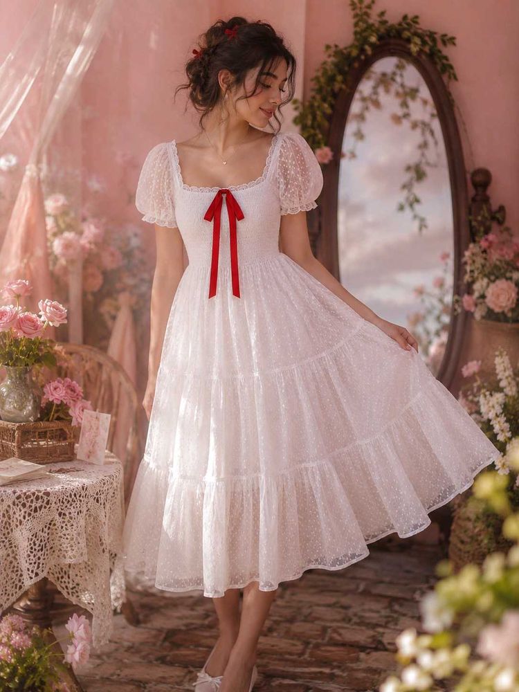 Whimsy white bow cottage core lolita dress
